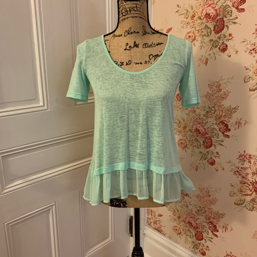 Pretty Living Doll Ruffled Sea Foam Aqua Green Top with Peplum ruffle hem